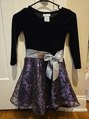 Vestido Bonnie Jean para niña con parte superior de terciopelo negro y parte inferior morada talla 6 Foto 1 de 4