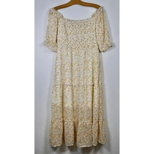 EMOFON Floral Smocked Dress Tiered Ruffle Midi Cottagecore Yellow L - Picture 1 of 8