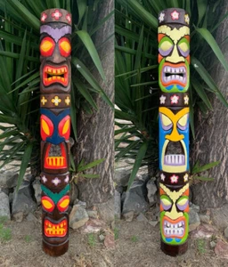 Colorful Set of 5 Foot Hand Carved Wooden Polynesian Tiki Totem Masks - Picture 1 of 6