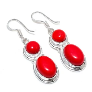 Red Coral Gemstone Handmade 925 Sterling Silver Jewelry Earring Size 1.8" - Picture 1 of 1