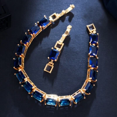 New Rectangle Shape Ocean Blue Topaz Gems Charm Women Bracelets Yellow Gold - Image 1 of 4