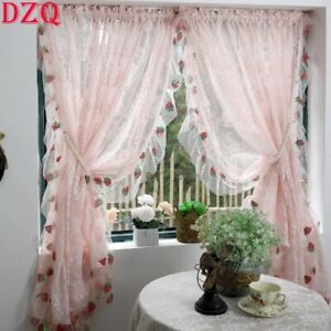 Idyllic Strawberry Lace Curtains Tulle Door Curtains Lace Warp Ruffled Curtains