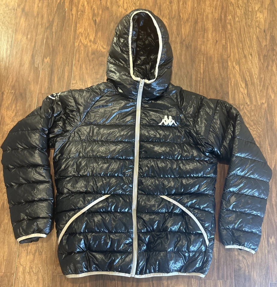 Kappa Men’s Black Hooded Puffer Jacket Black Vintage XXL Grey Duck Down - Image 1 of 4