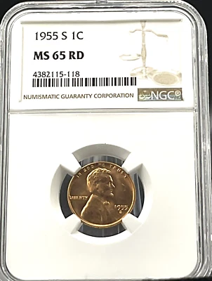 ✅  1955 S  Lincoln 1C Wheat Penny 🔥 NGC MS 65 RD - Crisp Cent Details  ✅ - Image 1 of 2