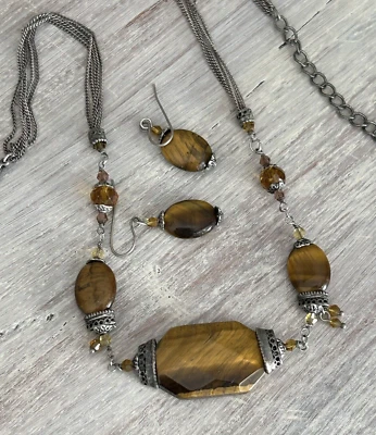 Ожерелье с янтарной полосой и стеклянными камнями соответствующие висячие серьги богемное - Изображение 1 из 4