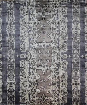 Gorgeous Unique Modern Abstract Handmade Blue & Grey Bamboo Silk 8 x 10 Rug - Image 1 of 4