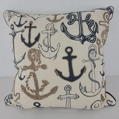 Almohada Náutica Bordada Azul Marino Costa Playa Casa Núcleo Ancla Dorado 20" Usada en Excelente Condición Foto 1 de 4