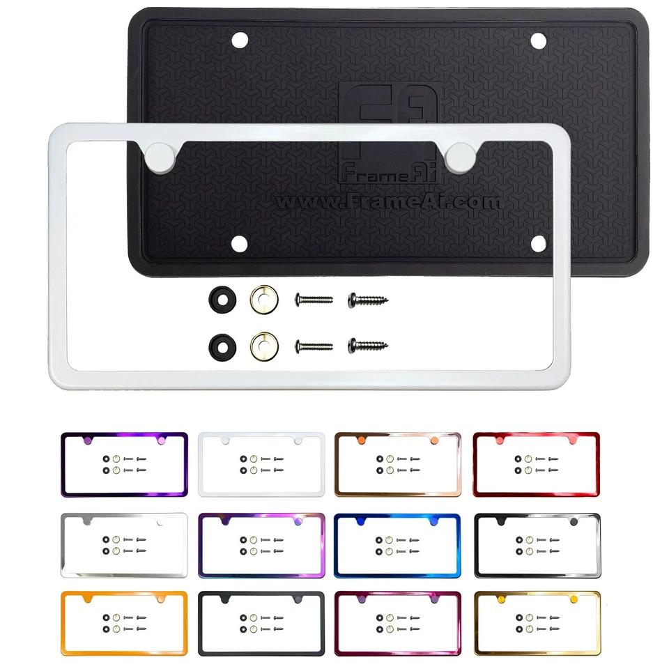 2H Slim Stainless Steel License Plate Frame Metal Screw Cap & Silicone Backguard - Image 1 of 4