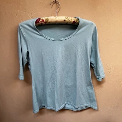 Camiseta feminina corte solta média meia manga gola redonda mistura de linho azul - Imagem 1 de 4