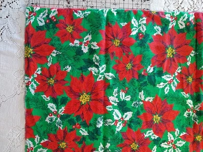 Red Green Holly Poinsettias Fabric Christmas 26" x 56" - Image 1 of 4