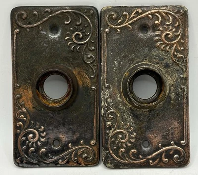 Antique Wooden Door Hardware Set Of Old Door Knob Embossed Metal Backing Plates - Image 1 of 4