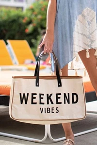Alicia “WEEKEND VIBES” Canvas Tote – Trendy Oversized Beach & Travel Bag - Picture 1 of 6