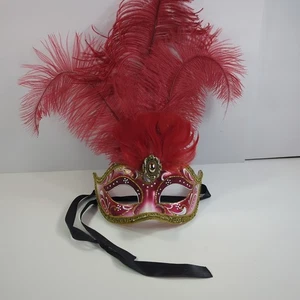 Womens Ostrich Feather Masquerade Mask - Masquerade Ball Venetian [Red/multicol] - Picture 1 of 13