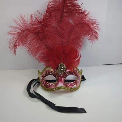 Womens Ostrich Feather Masquerade Mask - Masquerade Ball Venetian [Red/multicol] - Image 1 of 4