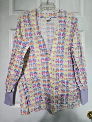 Peaches Scrub Jacket size S-Pastel Plaid Button Front-Chest 22.5"/L 29.5" - Image 1 of 4