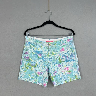 Shorts feminino Lilly Pulitzer 6 azul verde estampa tropical estilo elástico 001451 - Imagem 1 de 4