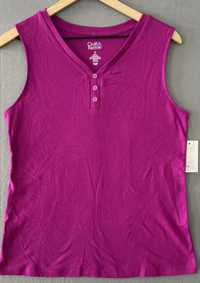 Croft & Barrow V-Neck Tank Top 100% Cotton Sz Medium Pink button up NWT - Image 1 of 4