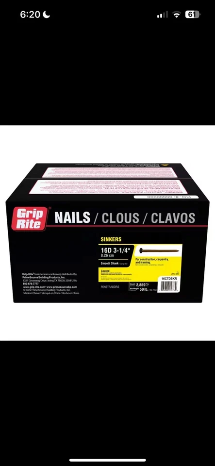 Grip Rite 16D Sinkers 3-1/4 50 磅盒全新未拆封 — 第 1/1 张图片