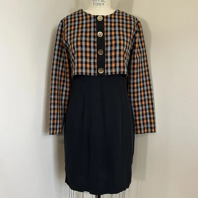 Vestido De Colección Años 80 A Cuadros Negro Naranja Blanco Preppy Colegiala Oficina Otoño EE. UU. Talla 10 Foto 1 de 4