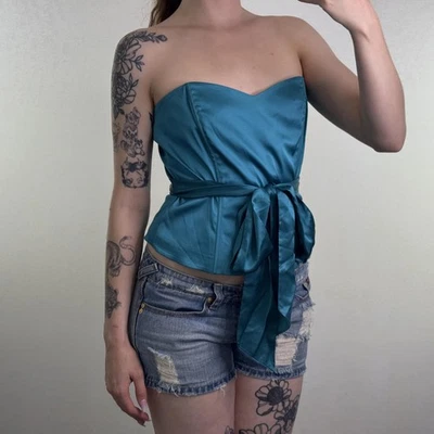 Y2K vintage silk blend strapless structured bustier top turquoise bow  - Image 1 of 4