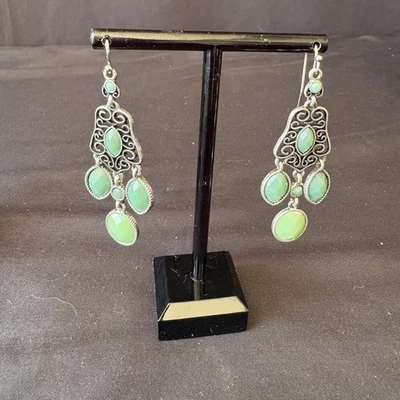 Lia Sophia Dangle Earrings - Silver Tone with Green Stone Accents - Image 1 of 3