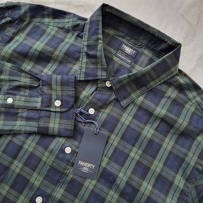 Camisa Movimiento Faherty Nueva con Etiquetas Reloj Negro Cuadros Azul y Verde XL Algodón Nylon  Foto 1 de 4