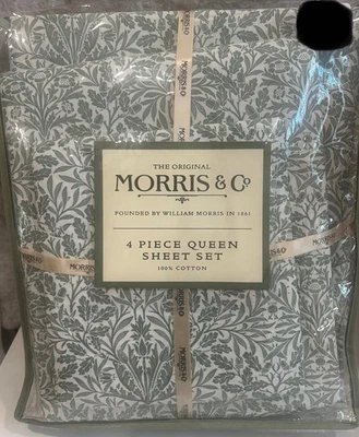 CONJUNTO DE LENÇÓIS QUEEN WILLIAM MORRIS & Co folhas brancas verdes bolotas 4 peças novo - Imagem 1 de 3