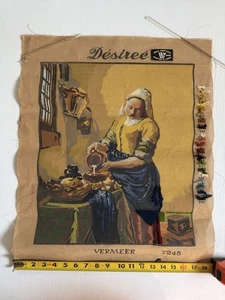 Vtg Unfinished Canvas Needlepoint Tapestry Milkmaid Vermeer 15x17” Image 7245 - Picture 1 of 7