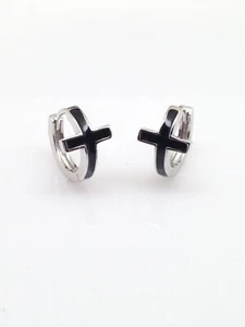 925 Sterling Silver Black Cross Huggie Hoop Earrings Men Women 12.8mm x2mm - Picture 1 of 7