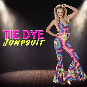 New Women's Tie Dye Costume 70's Hippie Disco Party Jumpsuit Fancy Dress Outfit - Picture 1 of 4