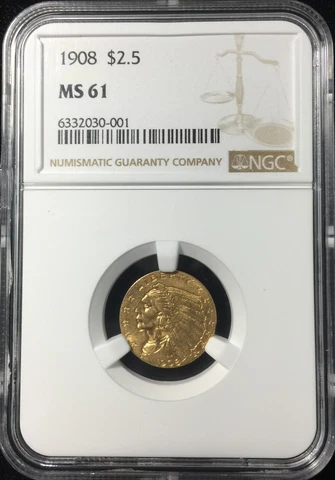 1908 NGC MS61 $2.50 GOLD INDIAN HEAD QUARTER EAGLE #30-001 Cover
