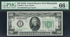 $20 1934D Minneapolis FRN. Wide. Fr. 2058-IW. PMG 66 EPQ. SUPER TOUGH NOTE. - Picture 1 of 4