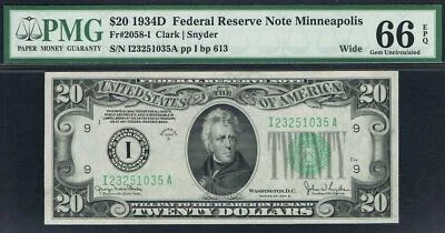 $20 1934D Minneapolis FRN. Wide. Fr. 2058-IW. PMG 66 EPQ. SUPER TOUGH NOTE. - Image 1 of 4