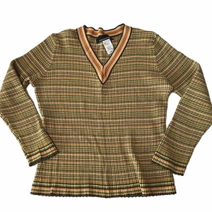 VTG 90s Y2K Top Womens Large Ribbed 70s Striped Disco Crop Grunge Hippie Brown - Picture 1 of 9