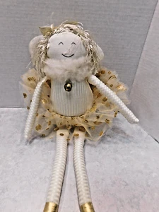 MUÑECA HECHA A MANO BAILARINA WOOF POOF BLANCA CON TUTÚ DORADO BRILLO ALAS DE ÁNGEL - Imagen 1 de 8