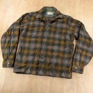 vtg VAN HEUSEN orlon wool flannel loop collar flat hem plaid camp shirt MEDIUM - Picture 1 of 7