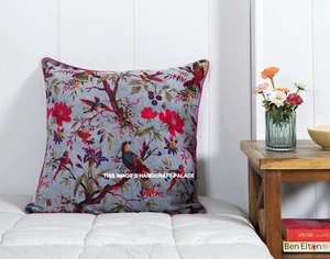 Gray Velvet Pillow Case Bird Print Decorative Throw Floor Indian Cushion Cover - Picture 1 of 4