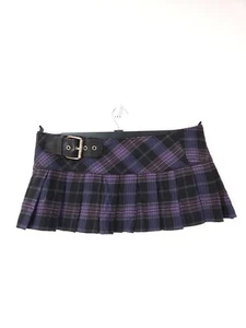 Miss Sixty Skirt Large Pleated Tweed Wool Mini Purple Plaid Check Y2K Buckle - Picture 1 of 14