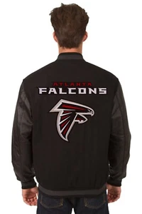 NFL Atlanta Falcons Wool Leather Reversible Jacket Embroided Patch Logos Black - Picture 1 of 6