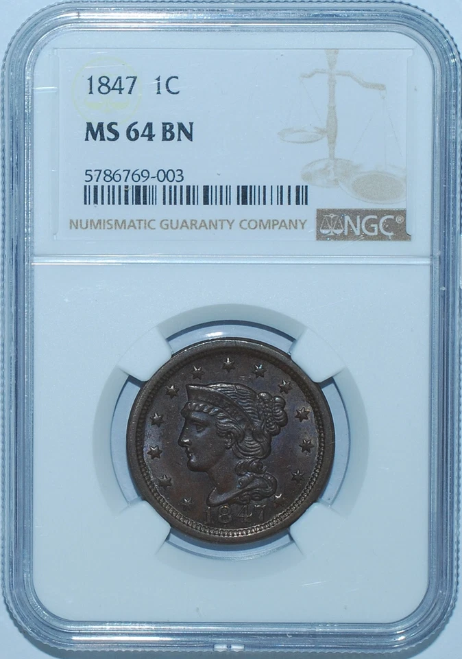 1847 NGC MS64BN Brown  Braided Hair Large Cent - Image 1 of 2