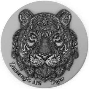TIGER ZENTANGLE ART - 2021 $5 2 oz Pure Silver High Relief Coin - Niue POLAND - Picture 1 of 4