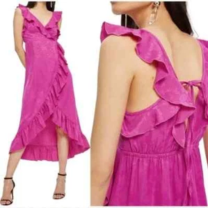TOPSHOP Hot Pink Floral Jacquard Ruffle Trim Wrap V-Neck Midi Maxi Dress Size 4 - Picture 1 of 9