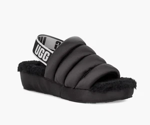 UGG Z7472* Womens Black Satin Sheepskin Puff Yeah Slide Slippers Size US 5 M - Picture 1 of 6