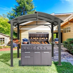 8' x5' Outdoor BBQ Gazebo Grill Canopy Pergolas Double Roof +2 Side Shelves Gray - Picture 1 of 7