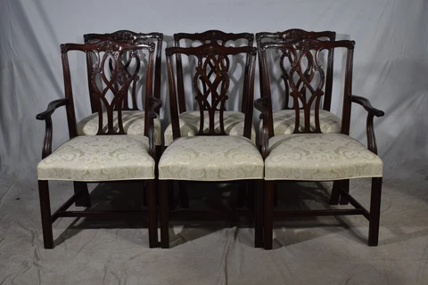 Set of 6 Kindel Chippendale Style Mahogany Dining Chairs Cream Silk Damask Cover