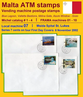 MALTA 2002 FRAMA ATM 1-4 / machine 07 / Msida / Series 7c on four FDC - Image 1 of 3