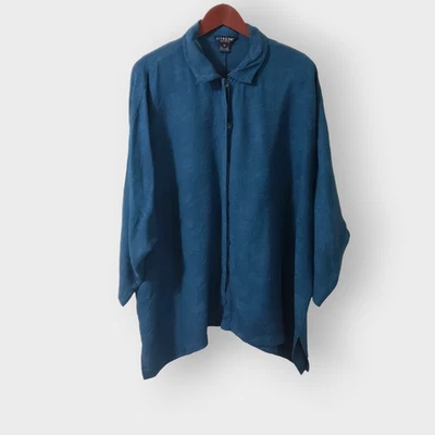 Citron Santa Monica Silk Embossed Button Front Blouse Teal Green Sz 3X *FLAW* - Image 1 of 4