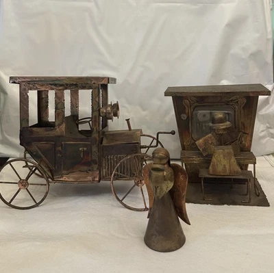 Juego de esculturas musicales vintage de cobre y latón - coche, escena de piano,  Foto 1 de 4