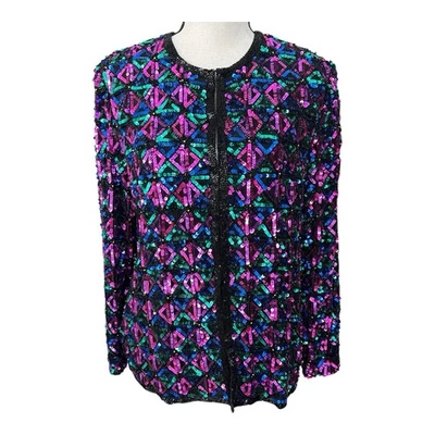 Vtg Laurence Kazar Silk Sequin Beaded Jacket Black Pink Green Blue Jewel Tones L - Image 1 of 4