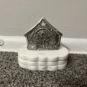 Vintage Zinn Krippe Cynthia Webb Schriftverse graviert signiert Ständer Display - Bild 1 von 11